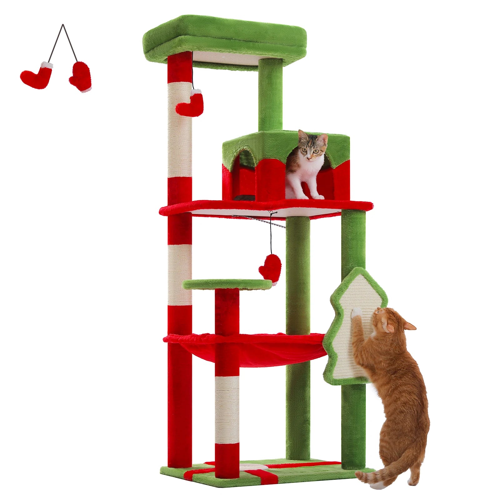 Rascador para gatos de interior, torre de 5 niveles con hamaca grande, postes rascadores cubiertos de sisal y cómoda plataforma superior tipo condominio.