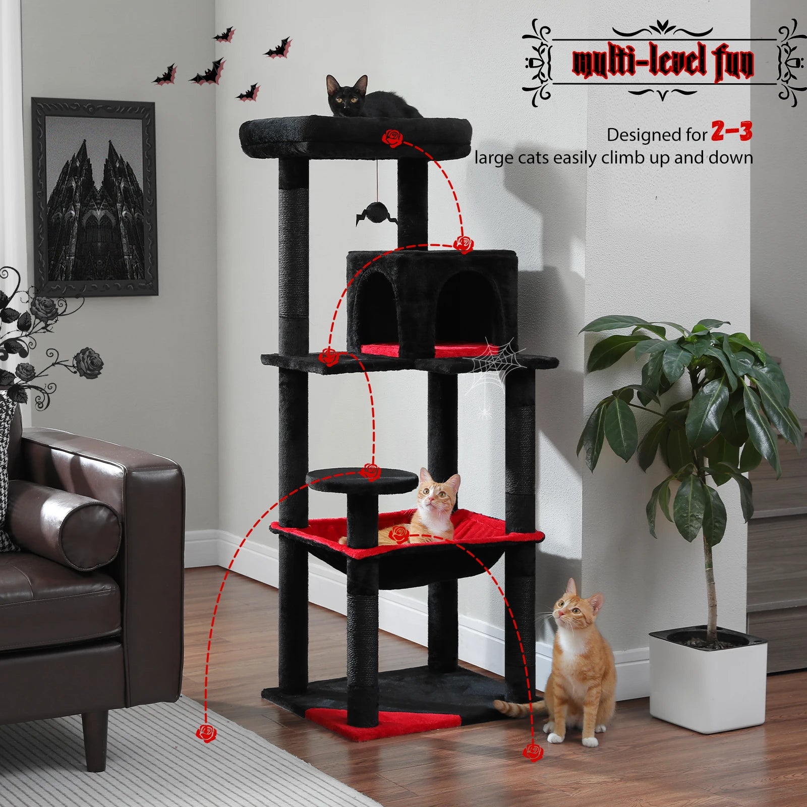 Rascador para gatos de interior, torre de 5 niveles con hamaca grande, postes rascadores cubiertos de sisal y cómoda plataforma superior tipo condominio.