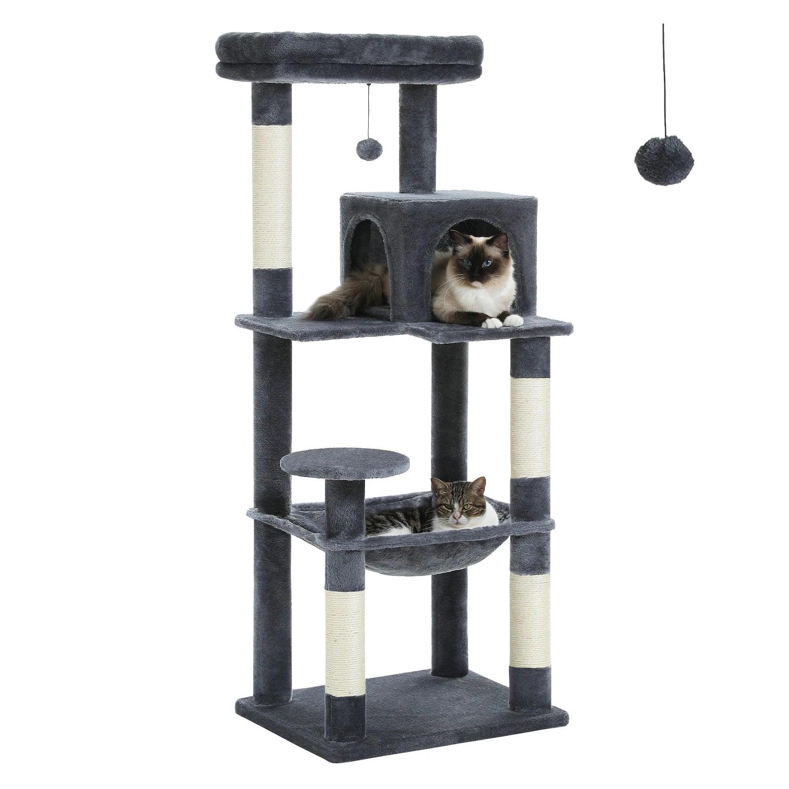 Rascador para gatos de interior, torre de 5 niveles con hamaca grande, postes rascadores cubiertos de sisal y cómoda plataforma superior tipo condominio.