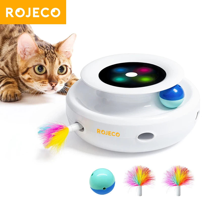 Juguete inteligente 2 en 1. Set de juguete automático con plumas y pelota para mascotas. Con 5 modos de funcionamiento y luces led