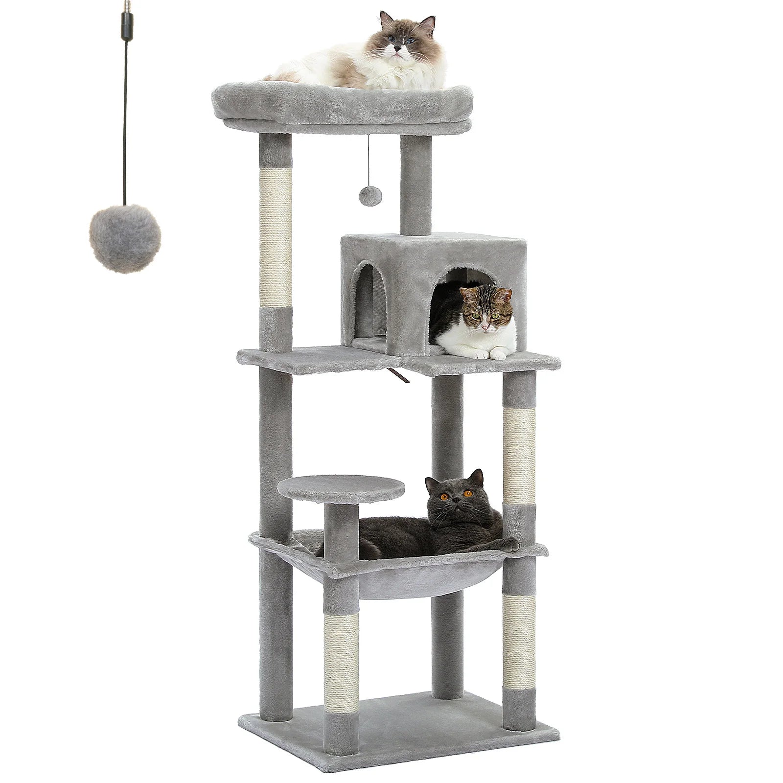 Rascador para gatos de interior, torre de 5 niveles con hamaca grande, postes rascadores cubiertos de sisal y cómoda plataforma superior tipo condominio.