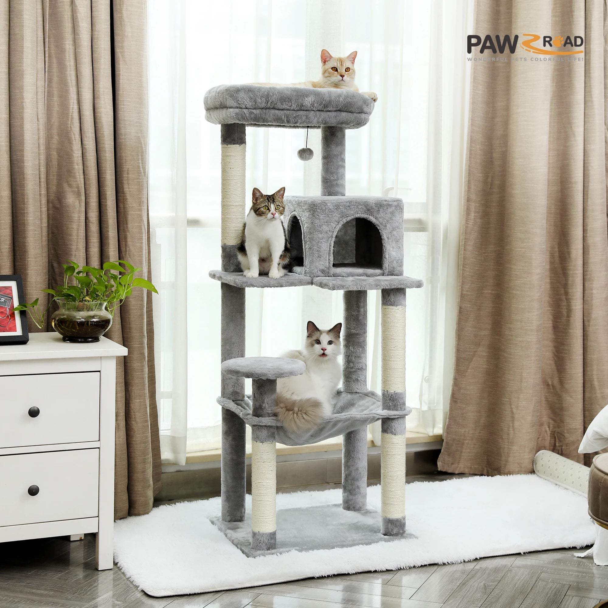 Rascador para gatos de interior, torre de 5 niveles con hamaca grande, postes rascadores cubiertos de sisal y cómoda plataforma superior tipo condominio.