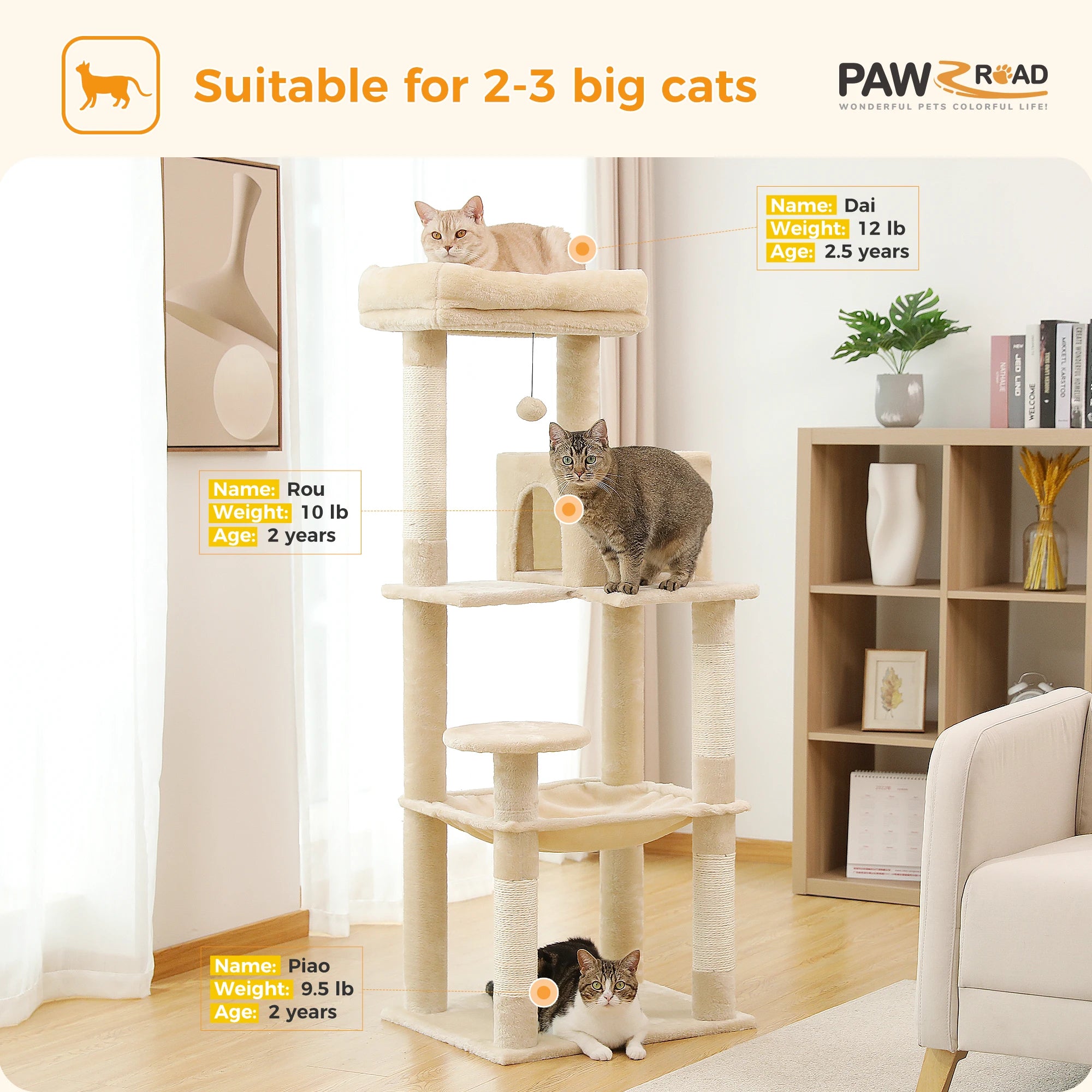 Rascador para gatos de interior, torre de 5 niveles con hamaca grande, postes rascadores cubiertos de sisal y cómoda plataforma superior tipo condominio.