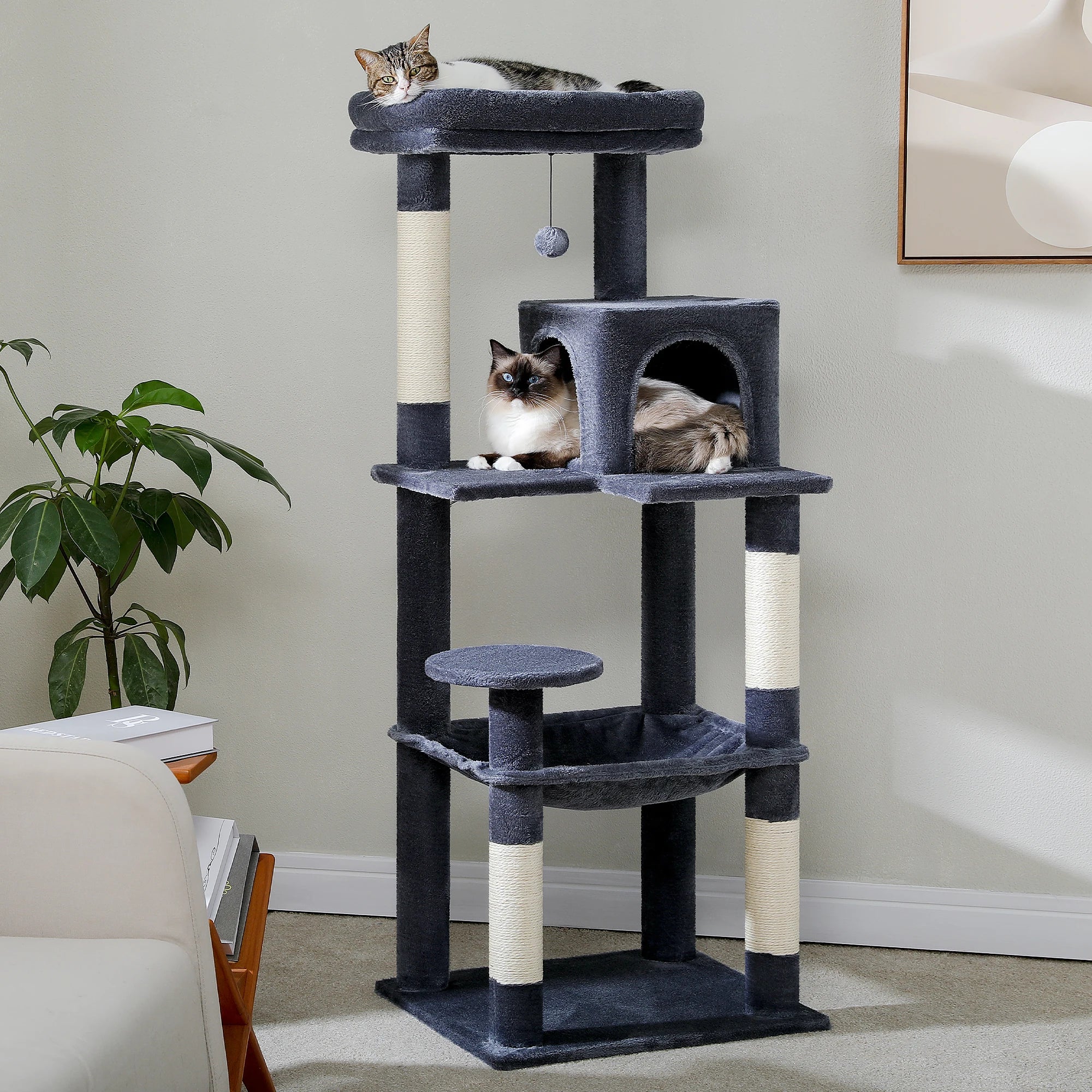Rascador para gatos de interior, torre de 5 niveles con hamaca grande, postes rascadores cubiertos de sisal y cómoda plataforma superior tipo condominio.