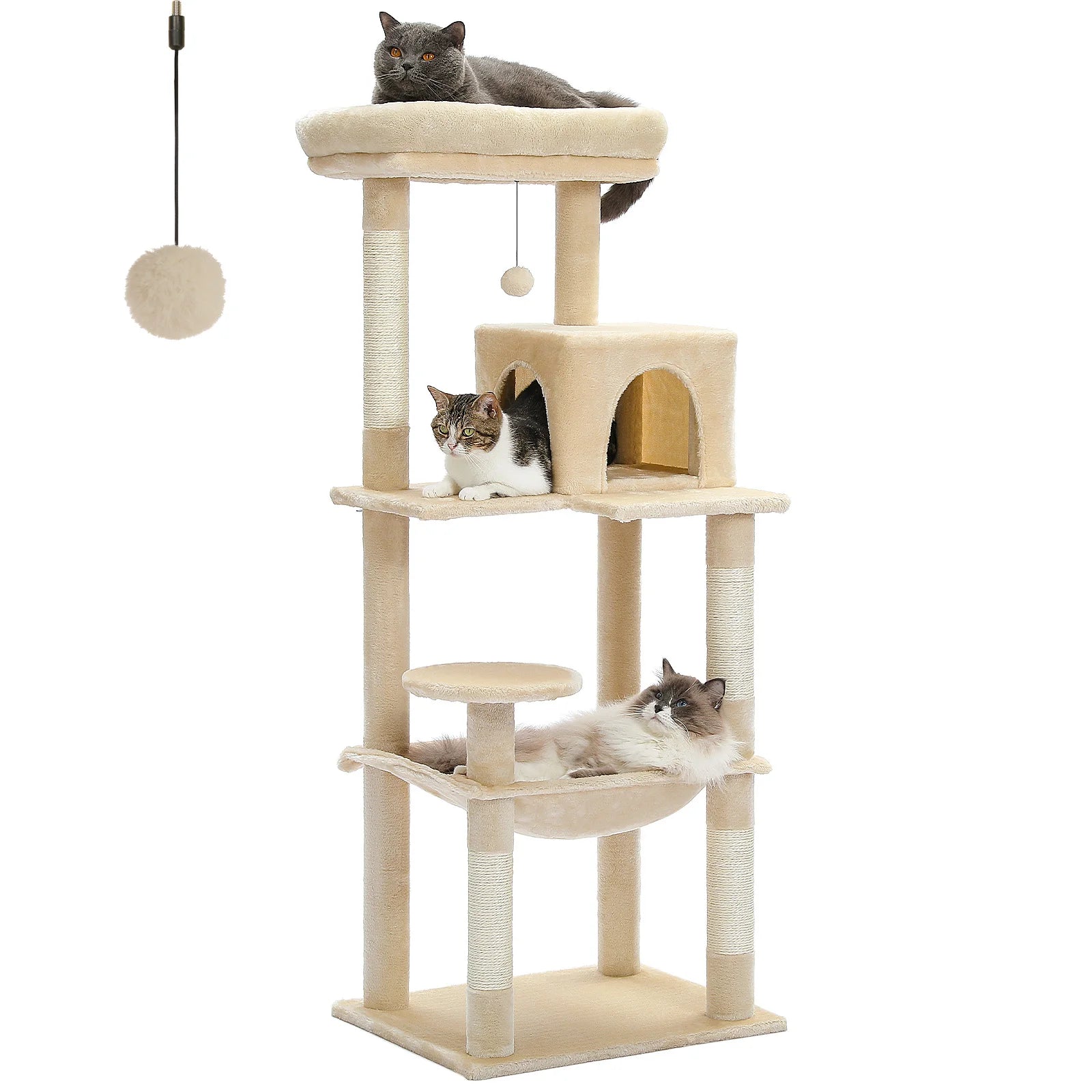 Rascador para gatos de interior, torre de 5 niveles con hamaca grande, postes rascadores cubiertos de sisal y cómoda plataforma superior tipo condominio.