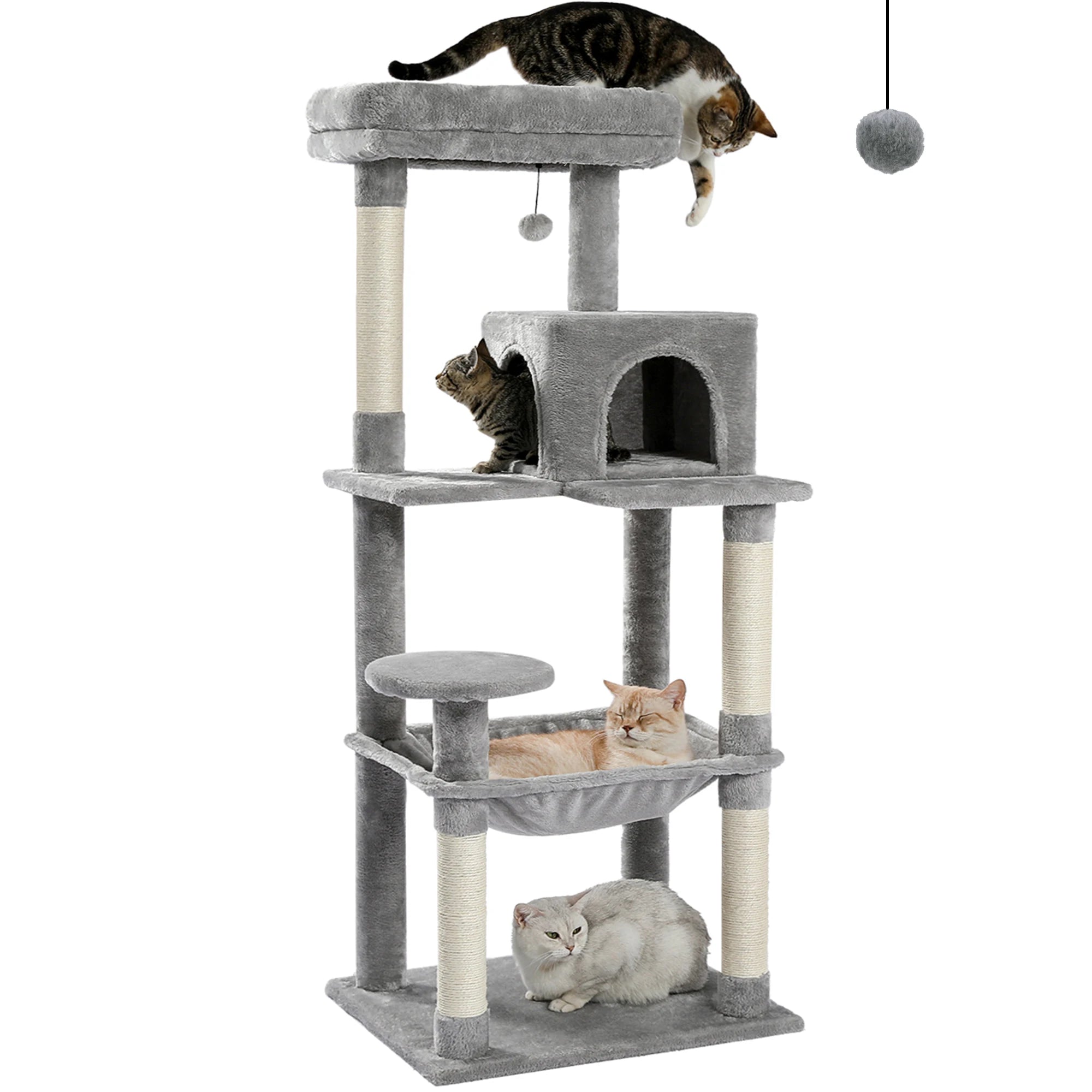 Rascador para gatos de interior, torre de 5 niveles con hamaca grande, postes rascadores cubiertos de sisal y cómoda plataforma superior tipo condominio.
